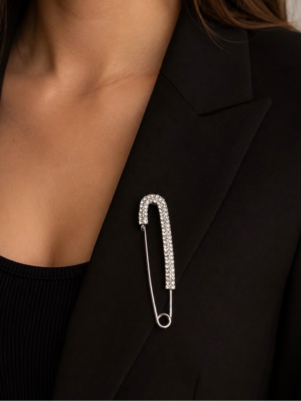 Crystal Safety Pin Brooch - Silver